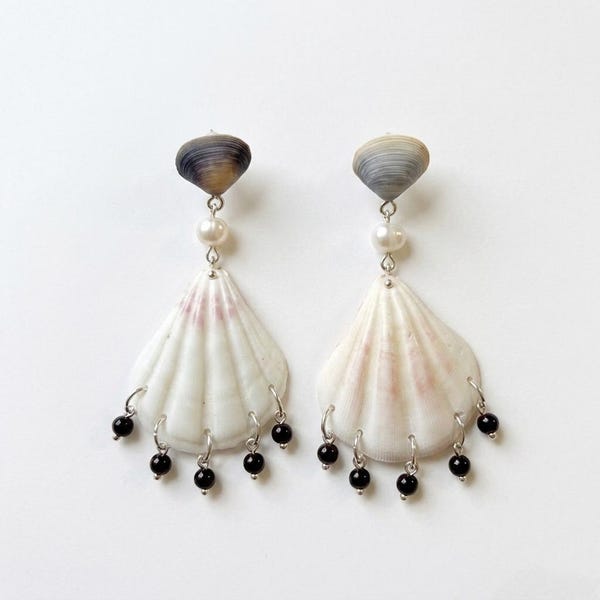Black Fringe Shell Earrings | Purple Scallop Drops, Sterling Silver Coastal Jewelry
