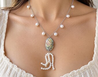 Adjustable Abalone Jellyfish Necklace, Freshwater Pearl Tassel, Long or Short Necklace, Handmade Ocean Jewelry, Mermaidcore Gift