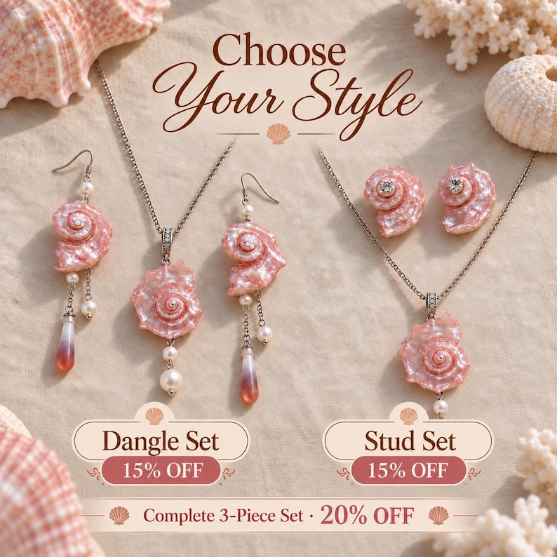 Puede incluir: Conjunto de joyer&iacute;a con colgantes y pendientes de concha marina rosa iridiscente con perlas blancas y detalles en forma de l&aacute;grima. El texto dice Choose Your Style, Dangle Set, Stud Set y Complete 3-Piece Set. Incluye conchas decorativas.