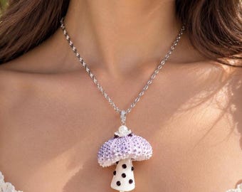 Whimsical Purple Sea Urchin Mushroom Necklace, Fairy Tale Ocean Pendant, Playful Handmade Pearl Jewelry, Fairycore Statement Necklace