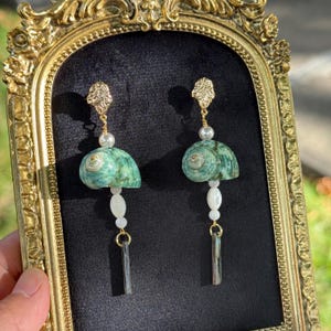 Vintage Green Turbo Shell Earrings, Iridescent Abalone Dangle Earrings, Gold Studs, Ocean Inspired Statement Jewelry, Unique Gift