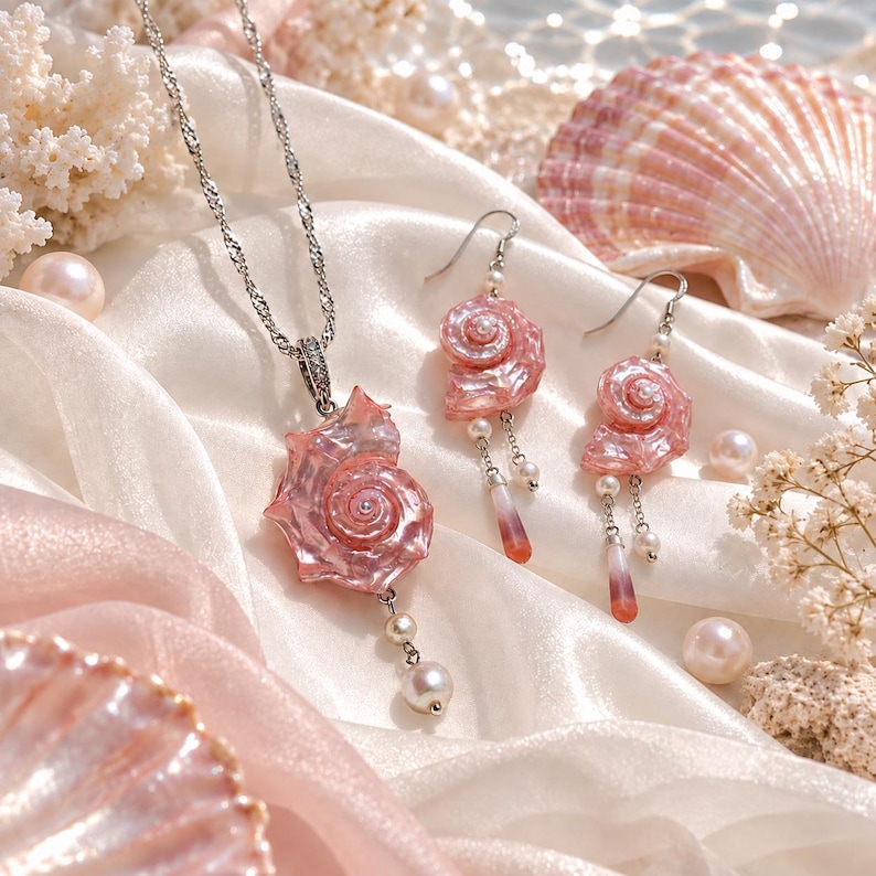 Puede incluir: Un conjunto de joyer&iacute;a compuesto por un collar y un par de pendientes colgantes. Cada pieza presenta un colgante de concha marina rosa iridiscente con dise&ntilde;o en espiral, adornado con peque&ntilde;as perlas blancas y cuentas alargadas y transl&uacute;cidas.