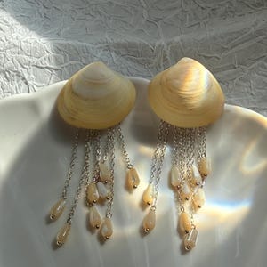 Pendientes de concha de medusa / Pendientes colgantes de borla de perlas trochus, joyería costera de plata de ley 925
