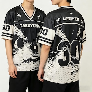 BTS Taehyung Layover Halftone Football Jersey, Number 30 Star Graphic Two Tone Fan Top