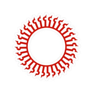May include: A red and white sticker featuring a stylized sun design. The sun has a central white circle surrounded by a red ring with flame-like extensions. The sticker is die-cut, with a white border.