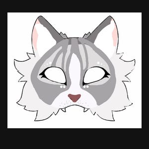 May include: A white cat mask with gray stripes and accents. The mask has large eye openings, a pink nose, and pointed ears. The edges of the mask are jagged, giving it a fluffy appearance. This mask is perfect for costume parties or Halloween.