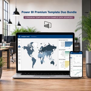 May include: A laptop and a smartphone displaying Power BI Premium Template Duo Bundle analytics dashboards with a world map, bar charts, and data visualizations. The text reads Power BI Premium Template Duo Bundle and 2 PREMIUM TEMPLATES WITH SAMPLE DATA SOURCES.