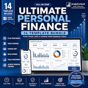 May include: A digital marketing image promoting a personal finance template bundle. The image features a laptop and smartphone displaying financial dashboards, with text including "Ultimate Personal Finance" and "Plan, Track, Save & Achieve Your Financial Goals."