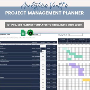 May include: A digital project management planner template featuring a dark blue task list with columns for phase, task name, progress, start, and end dates. A Gantt chart with green, purple, and yellow bars displays project timelines.