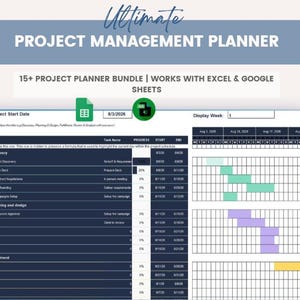 Puede incluir: Una plantilla de planificador de gestión de proyectos digital con el texto Ultimate Project Management Planner y 15+ Project Planner Bundle | Works with Excel & Google Sheets. La interfaz muestra un cronograma de proyecto con fases, tareas, barras de progreso y un diagrama de Gantt.