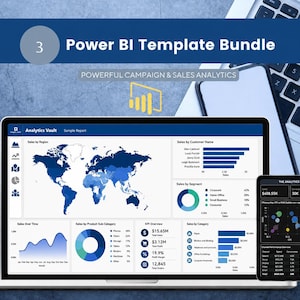 Op de afbeelding: Een Power BI sjabloonbundel met een laptop en tablet die data-analyse dashboards tonen. De schermen bevatten een wereldkaart, staafdiagrammen, cirkeldiagrammen en KPI-statistieken met de tekst Power BI Template Bundle.