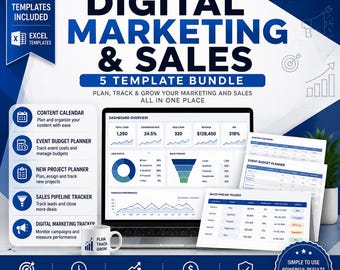 Digital Marketing Sales Excel Template Bundle, Content Calendar, Sales Pipeline Planner