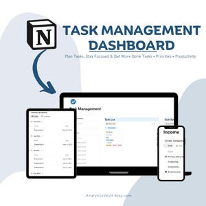 Könnte beinhalten: Digitales Task-Management-Dashboard, angezeigt auf einem Laptop, Tablet und Smartphone. Die Bildschirme zeigen Aufgabenlisten, Einkommensverfolgung und Kalenderansichten. Der Text "TASK MANAGEMENT DASHBOARD" ist enthalten.