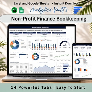 May include: A laptop and tablet displaying a Non-Profit Finance Bookkeeping dashboard with charts, graphs, and financial data tables. The screen shows a Board Director Dashboard with income, expense, and budget tracking metrics for organizational management.