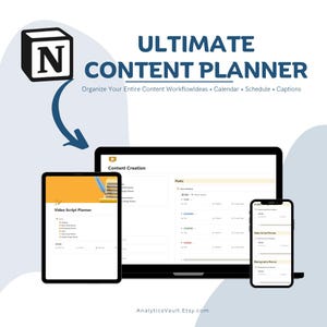 May include: A digital content planner displayed on a laptop, tablet, and smartphone. The text "ULTIMATE CONTENT PLANNER" is prominent, with additional text indicating features like calendar and captions. A logo with the letter "N" is also present.