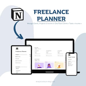 May include: A digital illustration showcasing a freelance planner interface across multiple devices. The design includes a laptop, tablet, and smartphone displaying project management and client tracking features. The text reads "FREELANCE PLANNER".