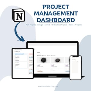 Może przedstawiać: Cyfrowy pulpit nawigacyjny do zarządzania projektami wyświetlany na laptopie, tablecie i smartfonie. Pulpit nawigacyjny zawiera listy zadań, postępy w projektach i tekst "PROJECT MANAGEMENT DASHBOARD". Obecne jest również logo z literą "N".