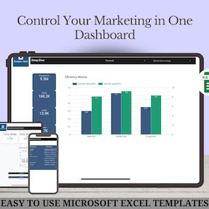 May include: A digital marketing dashboard displayed on a tablet, phone, and smaller tablet. The dashboard shows efficiency metrics with bar graphs and the text "Control Your Marketing in One Dashboard" and "Easy to Use Microsoft Excel Templates".