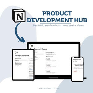Op de afbeelding: Afbeelding van een digitale productontwikkelingshub met de tekst "PRODUCT DEVELOPMENT HUB". De afbeelding toont een laptop, tablet en smartphone met productontwikkelingsfasen en testfeedback.