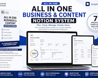 All-in-One Business Content Notion System, Marketing Calendar, KPI Tracker, CRM (Digital Download)