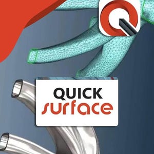 May include: A digital rendering featuring a 3D model with a mesh overlay, a logo with a red 'Q' and a black line, and the text 'QUICK surface' in a white box. The background is a gradient of blue and gray.