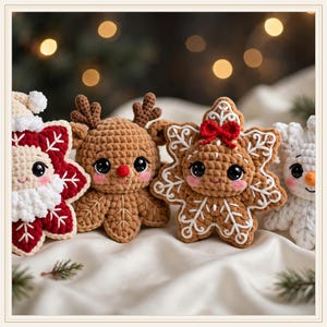 May include: Four crocheted plush ornaments featuring a red and white Santa snowflake, a brown reindeer, a tan gingerbread snowflake with a red bow, and a white snowman snowflake, all with large black eyes and pink cheeks.