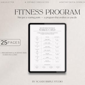 以下が含まれることがあります： デジタルタブレットには「FITNESS PROGRAM」と題された25ページのフィットネスプログラムが表示されており、曜日、フォーカス、強度の列がある初心者向けの週間ワークアウト分割表が記載されています。