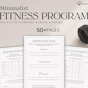 May include: A minimalist fitness program with the text "Minimalist FITNESS PROGRAM" and "50+ PAGES". The image includes workout pages, a dumbbell, and a towel. The program is available in A4 & US Letter, printable, digital, and editable formats.