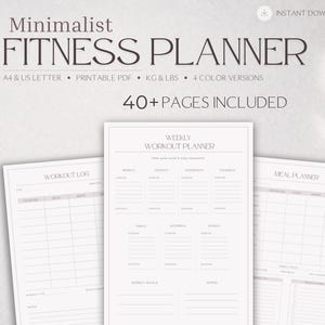 Puede incluir: Un planificador de fitness minimalista con el texto "Minimalist FITNESS PLANNER" y "40+ PAGES INCLUDED". La imagen incluye una botella de agua, auriculares y una banda de resistencia. El planificador incluye un registro de entrenamiento, un planificador de entrenamiento semanal y un planificador de comidas.