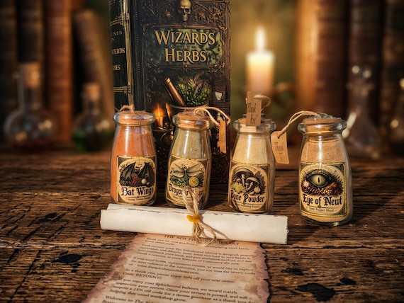A wooden book box disguised as a wizard's grimoire, packed with fantasy-themed culinary spice blends — form AND function in one theatrical package.