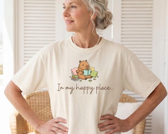 Capybara Reading Books In My Happy Place T-Shirt | Cozy Booklover Tee