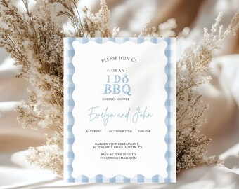 Invito per barbecue "I Do" in blu e bianco, invito per addio al nubilato/celibato per coppie in formato Canva, invito digitale modificabile per festa di fidanzamento.
