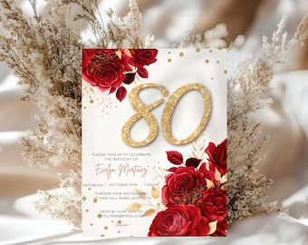 Invito per l'80° compleanno in rosso e oro, elegante invito su tela con rose floreali, pacchetto di inviti digitali modificabili per feste tra donne.