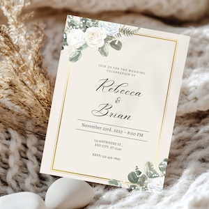 Green Floral Wedding Invitation Template, Editable Canva Wedding Invite, Elegant Botanical Wedding Evite, Gold Frame Card