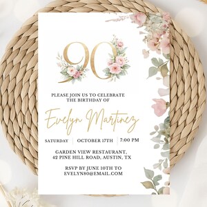Blush Pink and Gold 90th Birthday Invitation Template, Elegant Floral Canva Invite, Editable Evite Bundle for Women