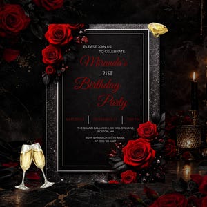 21st Birthday Invitation Red Rose Black Gold, Luxury 21 Birthday Invite Template, Elegant Floral Birthday Invitation, Canva Editable Invite