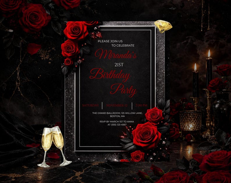 21st Birthday Invitation Red Rose Black Gold, Luxury 21 Birthday Invite Template, Elegant Floral Birthday Invitation, Canva Editable Invite