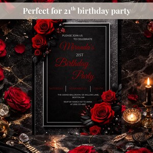 21st Birthday Invitation Red Rose Black Gold, Luxury 21 Birthday Invite Template, Elegant Floral Birthday Invitation, Canva Editable Invite