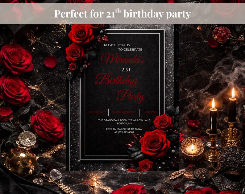 21st Birthday Invitation Red Rose Black Gold, Luxury 21 Birthday Invite Template, Elegant Floral Birthday Invitation, Canva Editable Invite