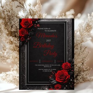 21st Birthday Invitation Red Rose Black Gold, Luxury 21 Birthday Invite Template, Elegant Floral Birthday Invitation, Canva Editable Invite