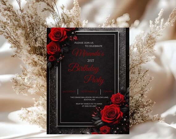 21st Birthday Invitation Red Rose Black Gold, Luxury 21 Birthday Invite Template, Elegant Floral Birthday Invitation, Canva Editable Invite