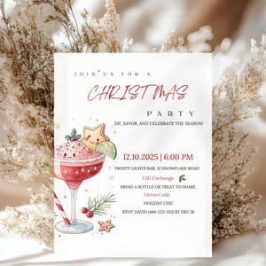 Christmas Party Invitation Template Red Cocktail Canva Editable Invite, Holiday Drink Evite, Printable Christmas Invite