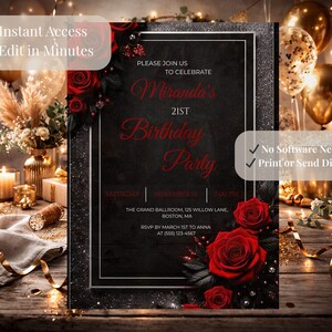 21st Birthday Invitation Red Rose Black Gold, Luxury 21 Birthday Invite Template, Elegant Floral Birthday Invitation, Canva Editable Invite