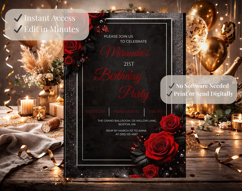 21st Birthday Invitation Red Rose Black Gold, Luxury 21 Birthday Invite Template, Elegant Floral Birthday Invitation, Canva Editable Invite
