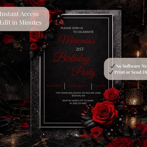 Invito per il 21° compleanno: rosa rossa, nero e oro, modello di invito di lusso per il 21° compleanno, elegante invito floreale per il compleanno, invito modificabile su Canva immagine 5