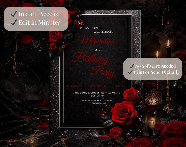 Invito per il 21° compleanno: rosa rossa, nero e oro, modello di invito di lusso per il 21° compleanno, elegante invito floreale per il compleanno, invito modificabile su Canva immagine 5