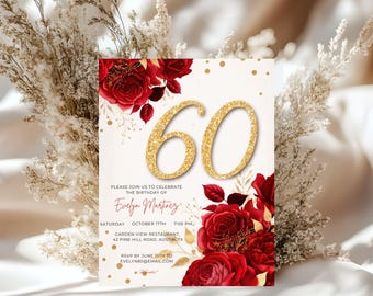 Invito di compleanno per il 60° compleanno modificabile con Evite, invito di compleanno rosso, rosa e oro, invito stampabile per la festa del 60° compleanno per donne