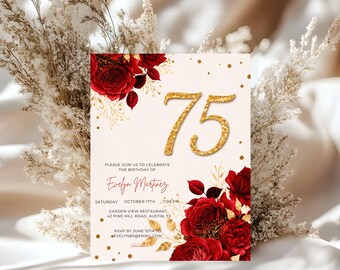 Modello di invito per il 75° compleanno, invito per il 75° compleanno con Evite, invito di compleanno con rose rosse, elegante invito di compleanno con fiori dorati