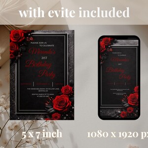 21st Birthday Invitation Red Rose Black Gold, Luxury 21 Birthday Invite Template, Elegant Floral Birthday Invitation, Canva Editable Invite