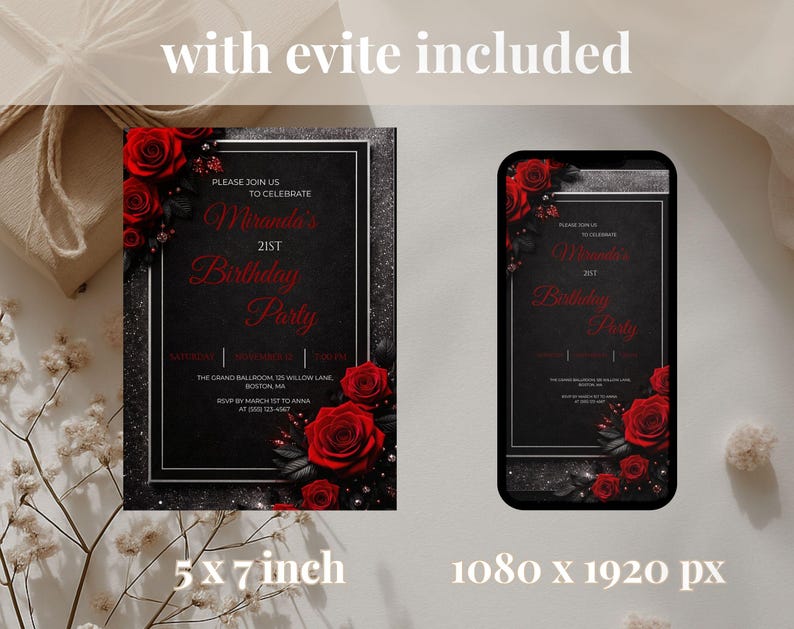 21st Birthday Invitation Red Rose Black Gold, Luxury 21 Birthday Invite Template, Elegant Floral Birthday Invitation, Canva Editable Invite